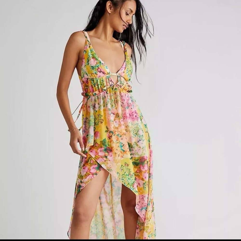 New with tags! Madison For Love And Lemons Yellow Pink Asymmetrical Sundress - Picture 2 of 9